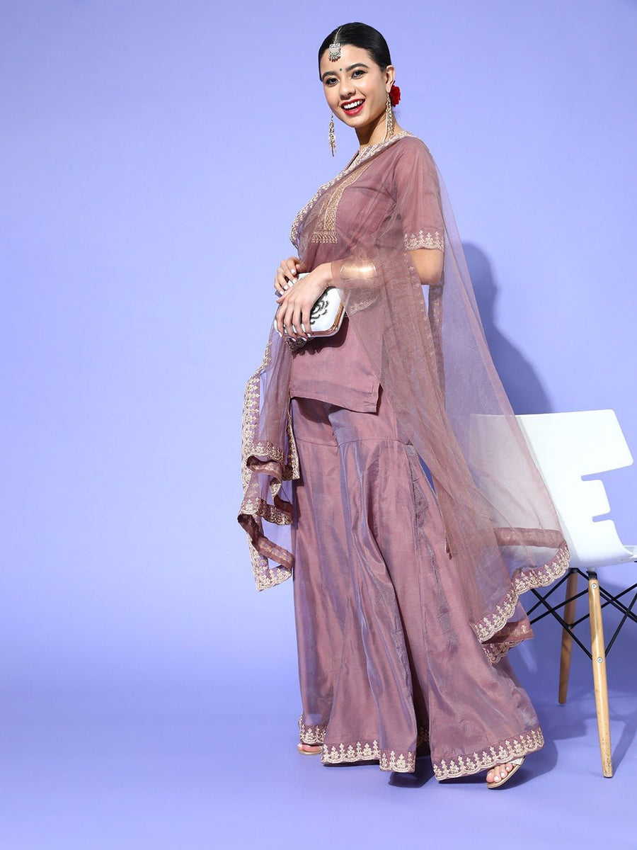 Alluring Brown Chanderi Cotton Embroidered Kurta Set | Inddus.in