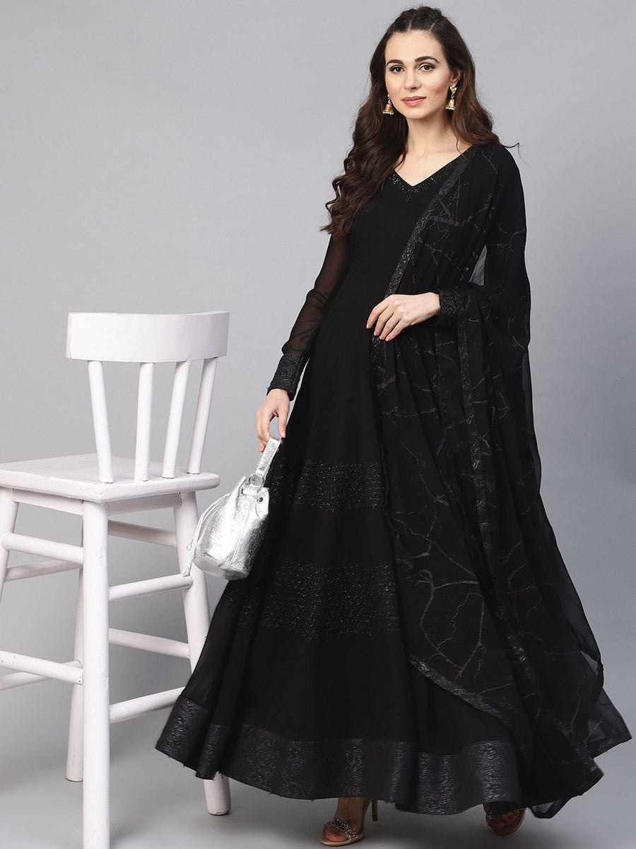 Pleasing Women Black Solid Anarkali Kurta with Dupatta Inddus.in