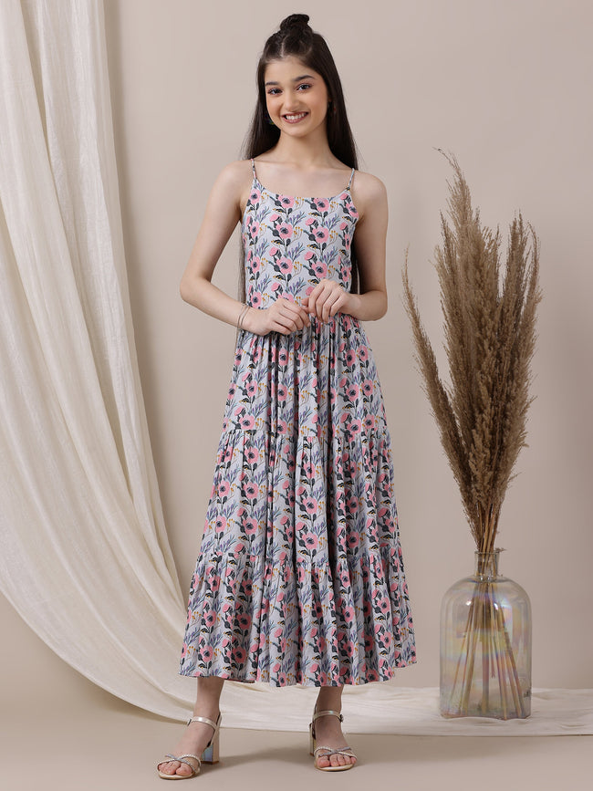 midi dress for girls Girls Printed Fit & Flared Midi Dress Inddus.in