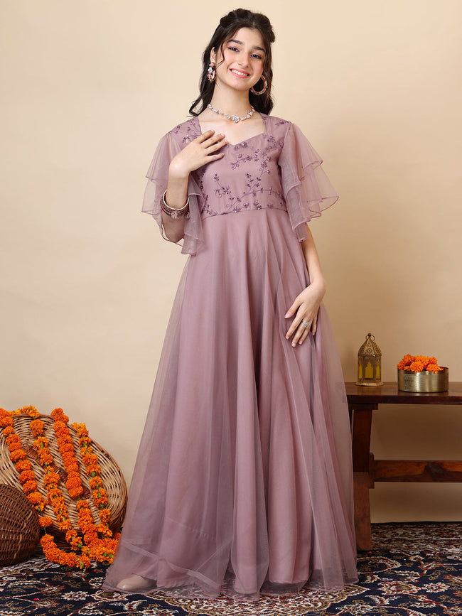 Girls Floral Embroidered Sweetheart Neck Sequinned Net A-Line Maxi Eth  Inddus.in