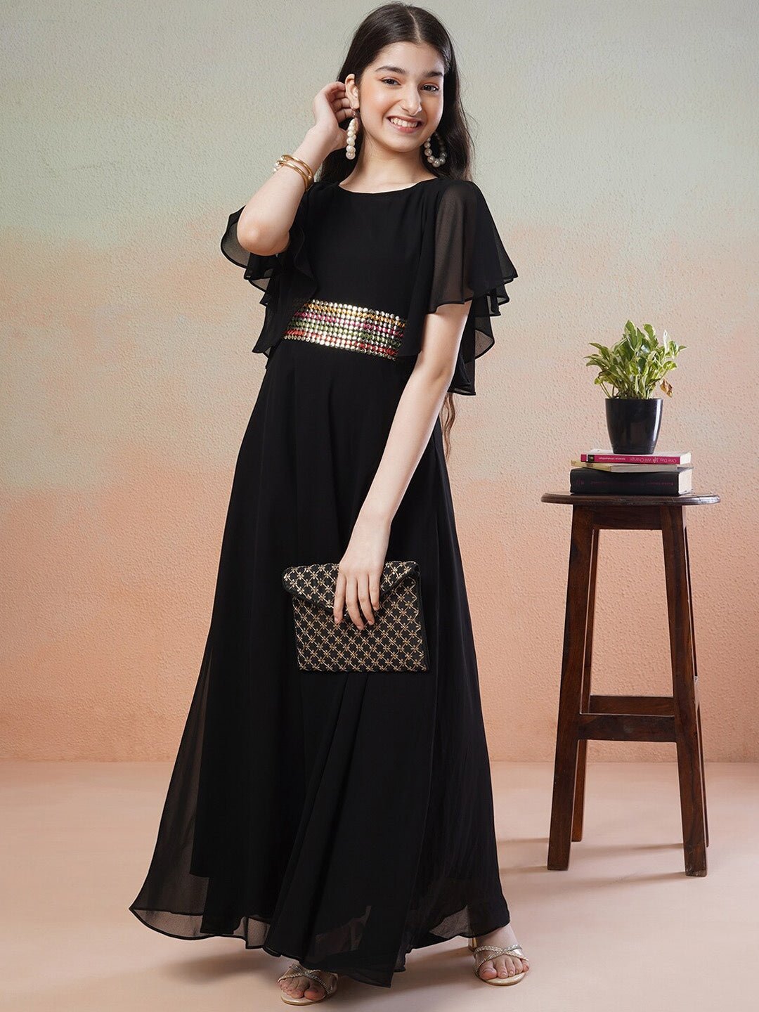 Girls Black Embellished Detail Flared Sleeves Georgette Fit & Flare Ma Inddus.in Girls Black Embellished Detail Flared Sleeves Georgette Fit & Flare Ma Inddus.in