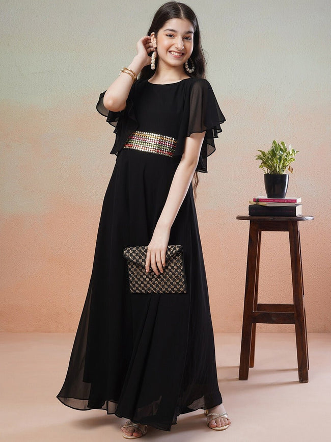 Girls Black Embellished Detail Flared Sleeves Georgette Fit