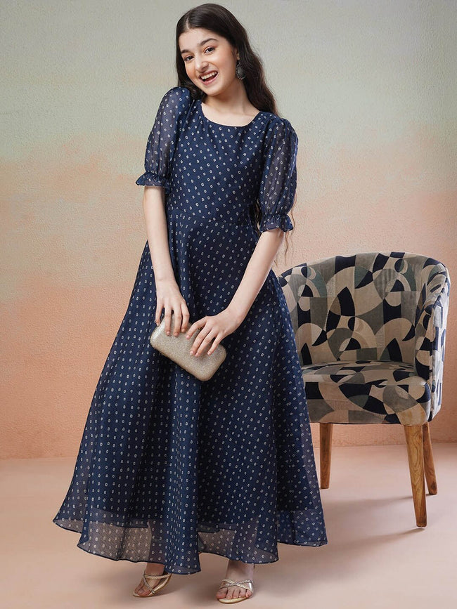 Girls Navy Blue Polka Dots Printed Bell Sleeves Flared Maxi Ethnic