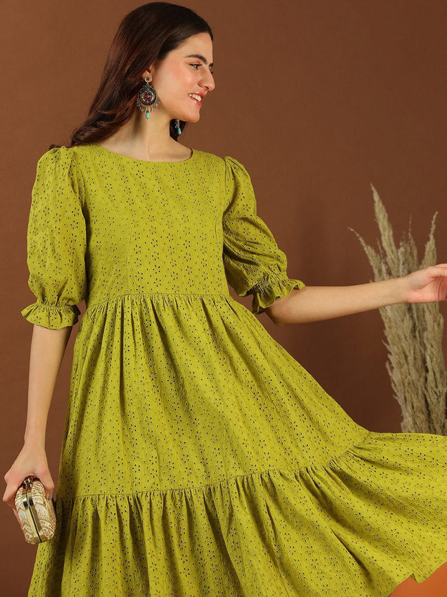green emerald velvet dress Green Modal Satin Lucknowi Chikankari A Line Kurta Dress, Modal Satin / Green / M(38) main image 0