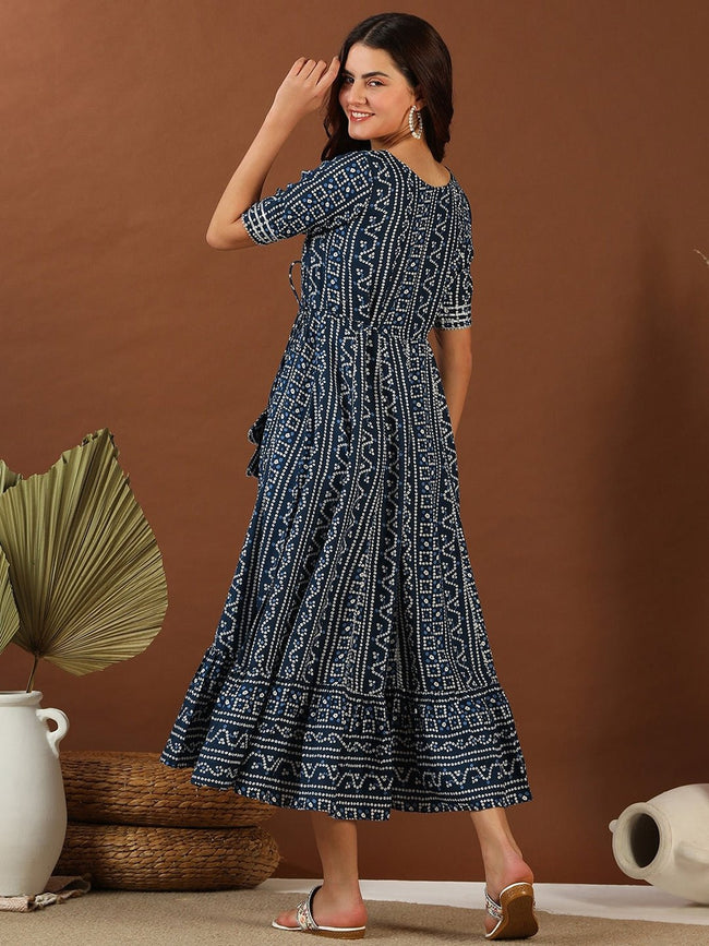navy blue ethnic dress Navy blue Bandhini Printed Cotton Tie Up Lace Fit & Flare Midi  EthnicInddus.in