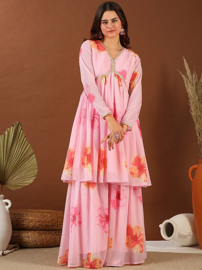Pink Floral Printed Empire Gotta Patti Kurta with Sharara Inddus.in