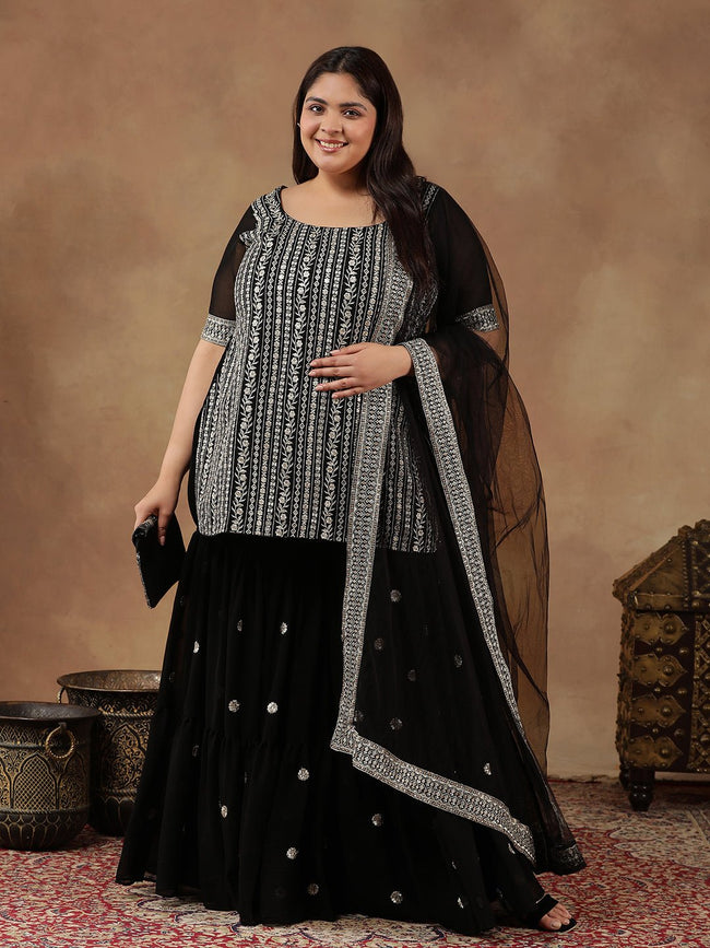 strapless open back dress Plus Size Floral Embroidered Thread Work Straight Kurta With Sharara &  Inddus.in
