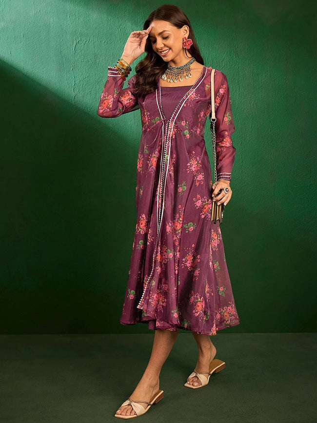 Purple Fit & Flare Ethnic Dress With Jacket Inddus.in
