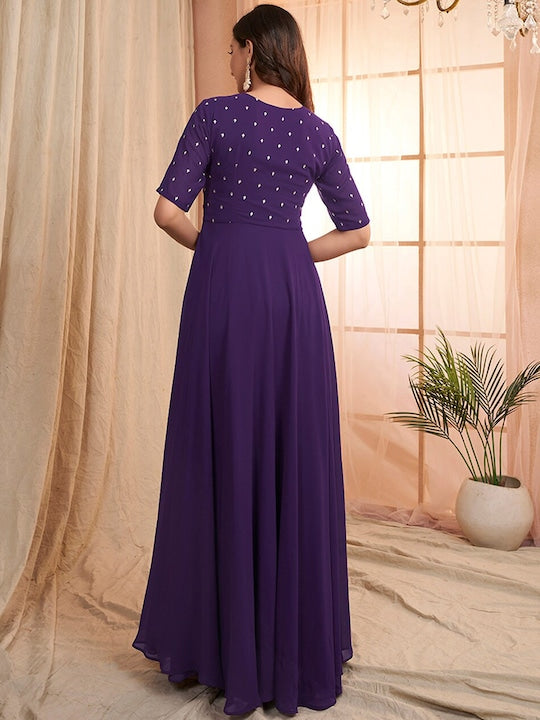 strapless open back dress Purple Floral Embroidered V-Neck Georgette Maxi Ethnic Motifs Dress  Inddus.in