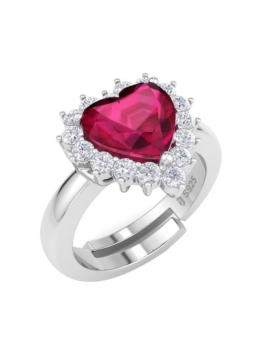 925 Sterling Silver Red CZ Studded Heart Finger Ring–