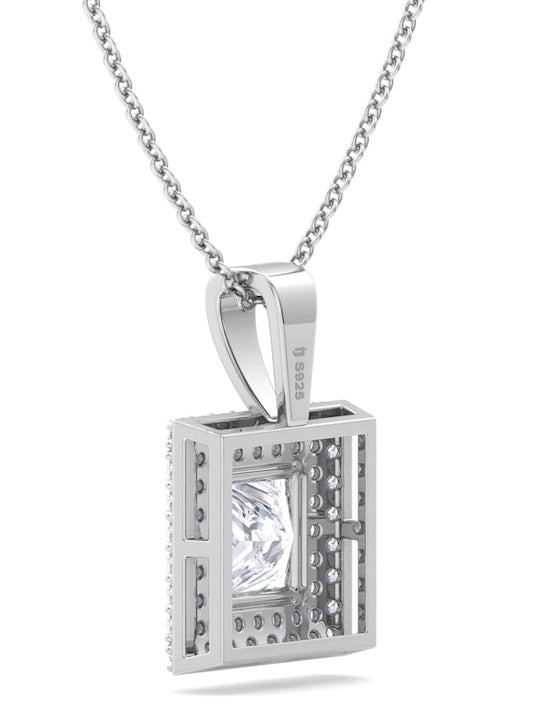 9.25 Sterling Silver Rhodium Plated CZ Studded Square Pendant With Chain