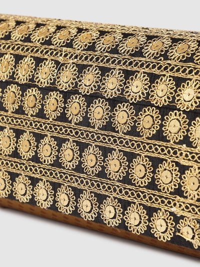 Inddus Black & Gold-Toned Embroidered Embellished Envelope Clutch