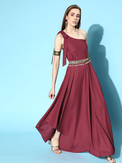 Maroon Asymmetric Gown with Mirror Embellished Belt