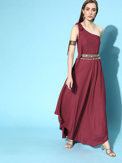 Maroon Asymmetric Gown with Mirror Embellished Belt