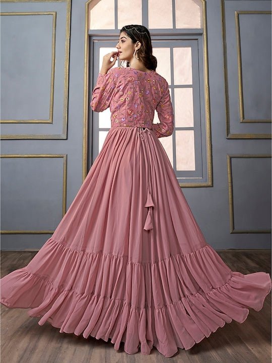 Pink Long Ethnic Jackets A-line Maxi Ethnic Dress With Jacket–