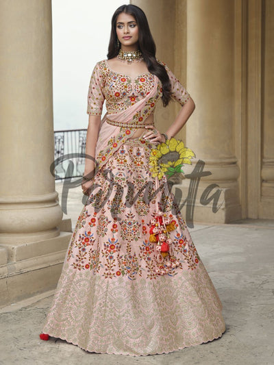 Baby Pink Hand Embroidered Lehenga Choli Set - Inddus.in