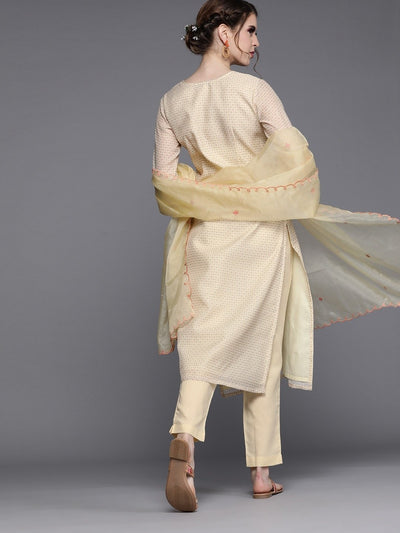 Beige Chanderi Cotton Partywear Printed Straight Cut Suit - Inddus