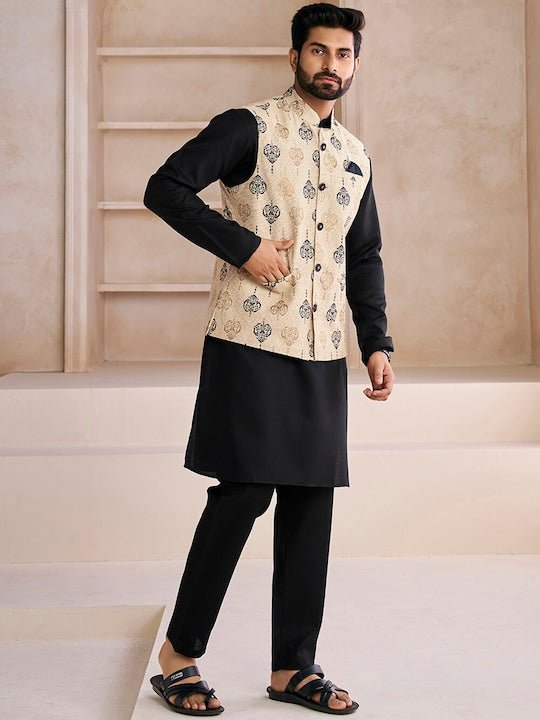 Beige Ethnic Motifs Woven Design Nehru Jacket–