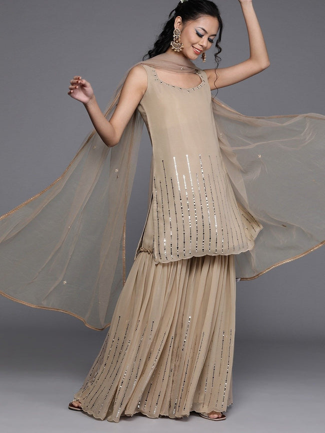 Party Wear Mirror Work Suit Buy Enthralling Beige Georgette
