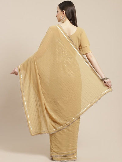 Beige & Gold-Toned Sequinned Saree - Inddus.in