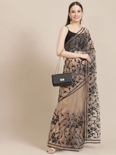 Beige Net Floral Embroidered Saree - Inddus