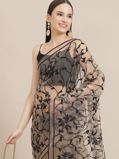 Beige Net Floral Embroidered Saree - Inddus