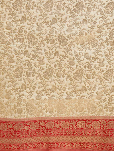 Beige & Red Silk Blend Woven Design Saree - Inddus