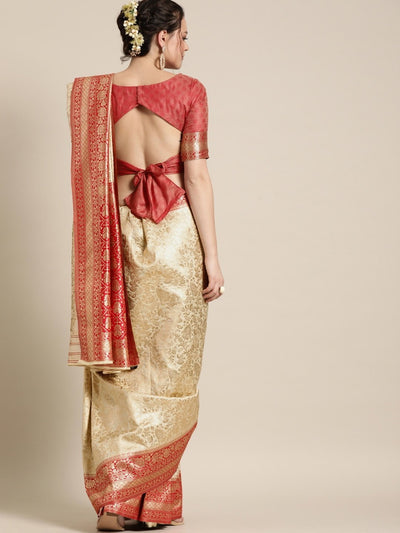 Beige & Red Silk Blend Woven Design Saree - Inddus
