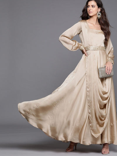 Beige Solid Flared Gown with attached Dupatta and Embroidered Belt - Inddus