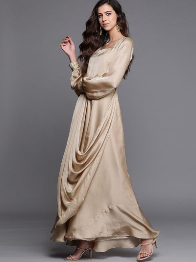 Beige Solid Flared Gown with attached Dupatta and Embroidered Belt - Inddus