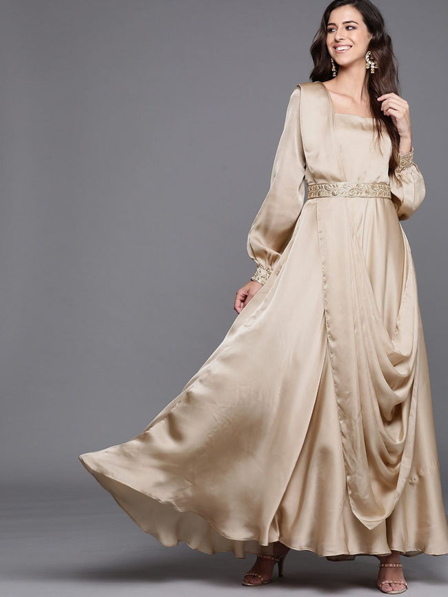 Buy Beige Cape Sleeves Embellished Dress Online - W for Woman