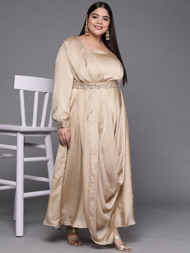 Beige Solid Satin Maxi Gown with Draped Dupatta–