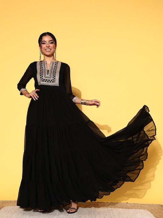 Black Embellished Embroidered Georgette Maxi Dress Inddus.in Black Embellished Embroidered Georgette Maxi Dress Inddus.in