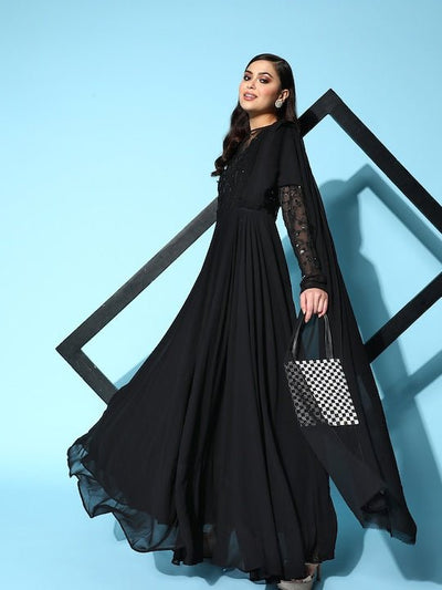 Black Floral Embroidered Georgette Ethnic Gown With Dupatta - Inddus.in