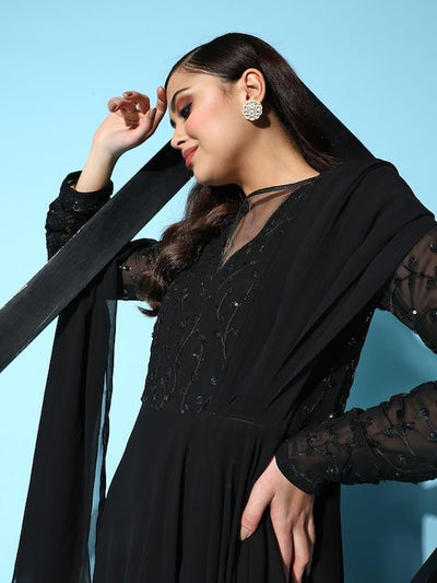 Black Floral Embroidered Georgette Ethnic Gown With Dupatta - Inddus.in