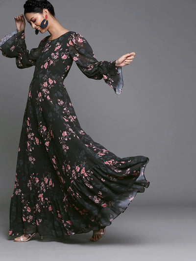 Black Georgette Partywear Floral Maxi Dress - Inddus