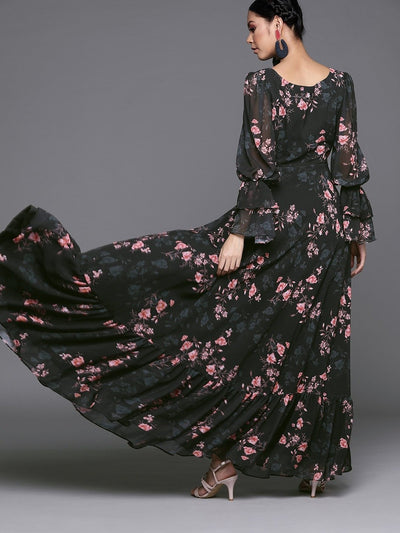 Black Georgette Partywear Floral Maxi Dress - Inddus
