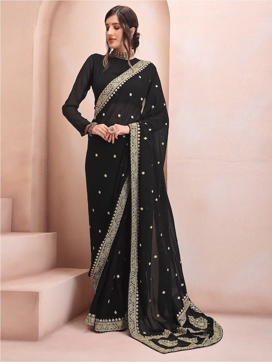 Black Gold-Toned Floral Embroidered Poly Georgette Saree–