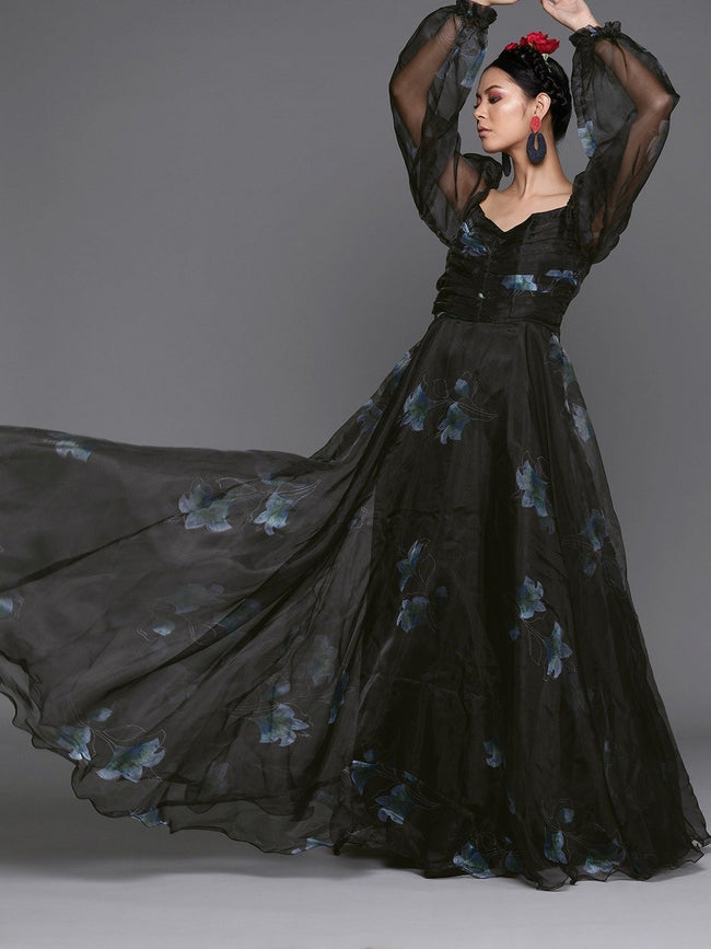 Irresistible Black Organza Partywear Floral Maxi Dress Online at Inddus.in. Irresistible Black Organza Partywear Floral Maxi Dress Online at Inddus.in.