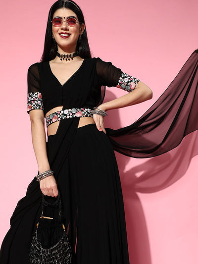 Black Palazzo Saree with Embroidered Belt - Inddus.in