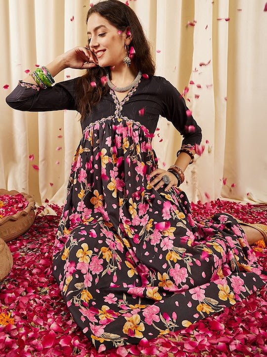 Black And Pink Ethnic Dresses Black, Pink Yellow Floral Printed V