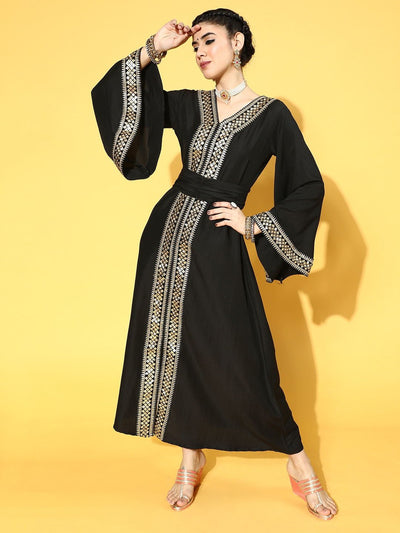 Black Poly Silk Partywear Ethnic Motifs Dresses - Inddus.in