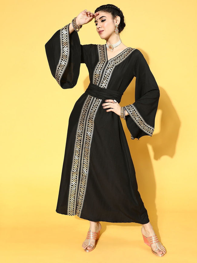 Buy Beautiful Black Poly Silk Ethnic Motifs Partywear Dresses Buy Beautiful Black Poly Silk Ethnic Motifs Partywear Dresses