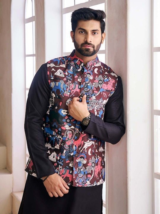 Black Printed Nehru Jacket– - Main Image
