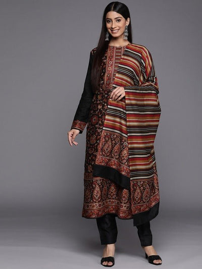 Black & Red Woven Pashmina Winter Wear Unstitched Dress Material - Inddus.in