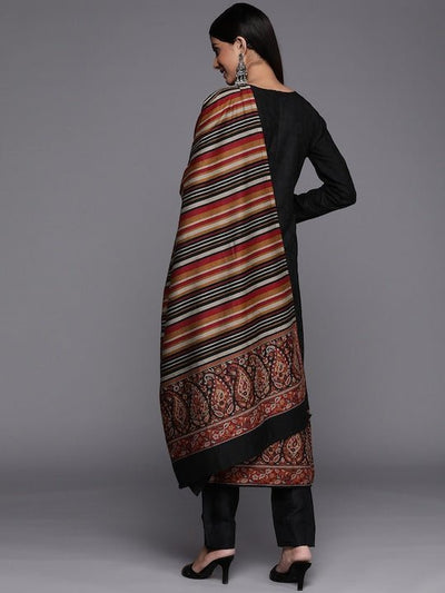 Black & Red Woven Pashmina Winter Wear Unstitched Dress Material - Inddus.in