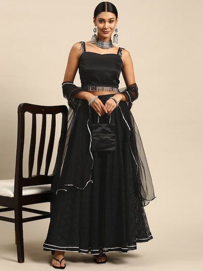 Black Semi-Stitched Lehenga & Unstitched Blouse With Dupatta - Inddus.in