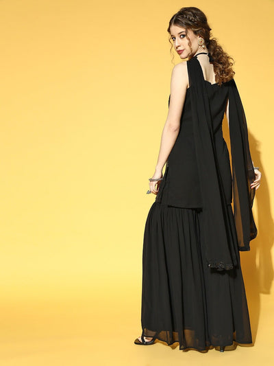 Black Sequinned Kurta & Sharar with Embroidered Dupatta - Inddus.in