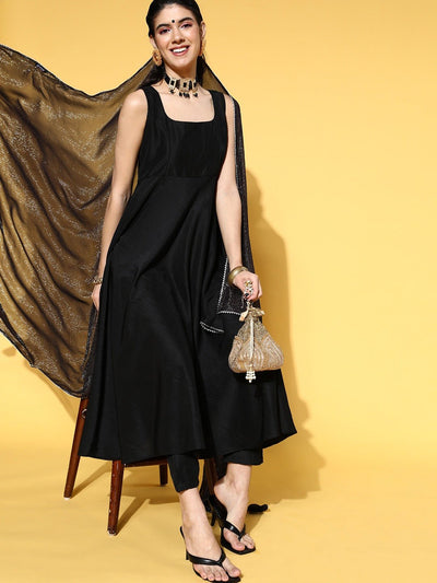 Black Solid Kurta with Trousers & Self Design Dupatta - Inddus.in