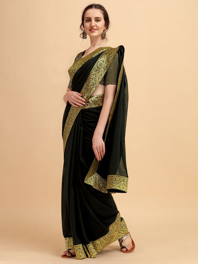 Black Solid Woven Border Saree with Woven Blouse - Inddus